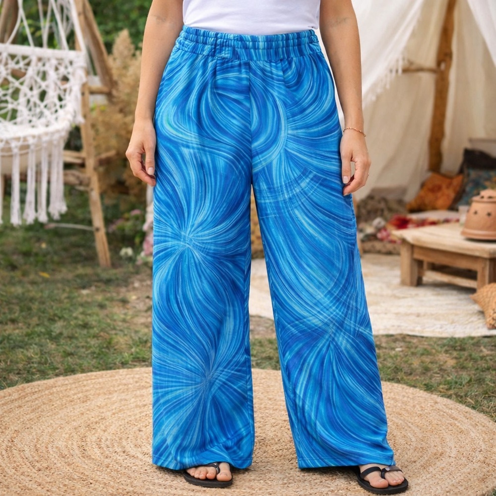 Cicci USA Blue Swirl Lounge Pants Unisex Medium Flowy Elastic Waist Boho Style